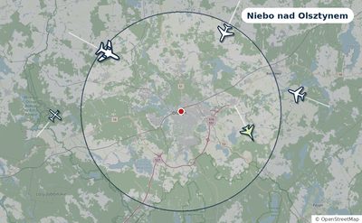 Mapa okolic miasta z sylwetkami samolotów — Niebo nad Olsztynem